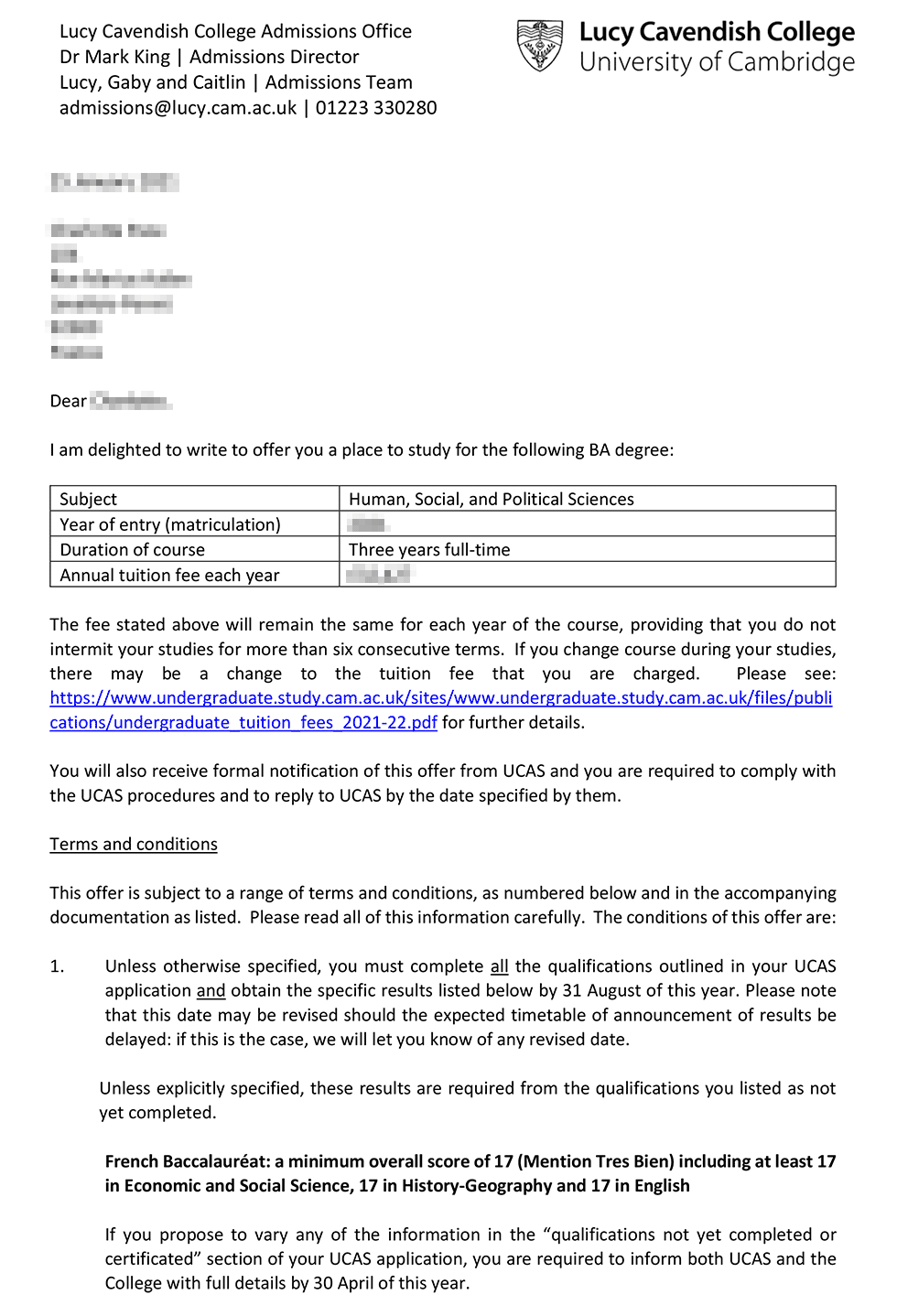 University of Cambridge Offer Letter