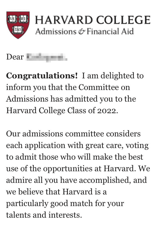 Harvard Acceptance Letter