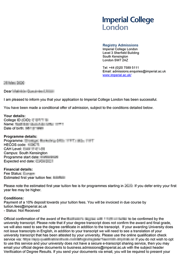 Imperial College Offer Letter