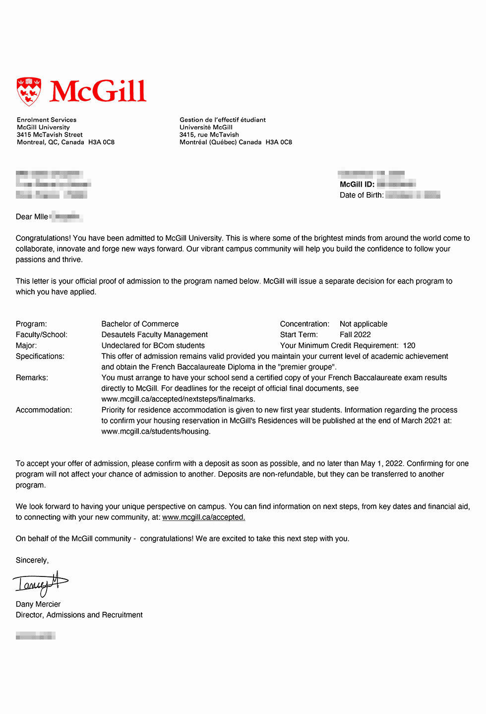 McGill University Acceptance Letter